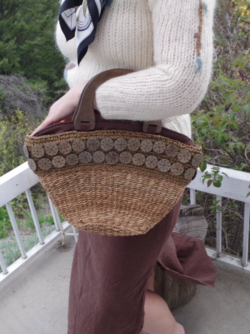 Vintage Woven Straw Or Raffia  Tote Bag With Wood-Style Handle